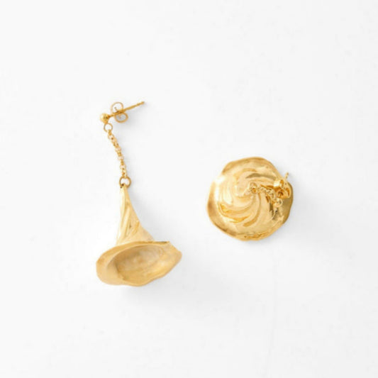 A pair on god earrings on white background