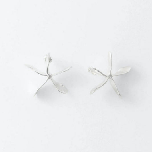 Two silver earrings on a light gray background
