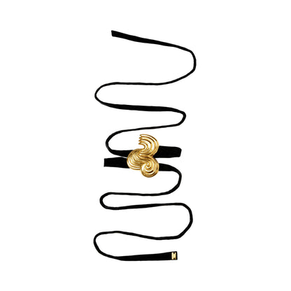 Gold bracelet with black silver ribbon