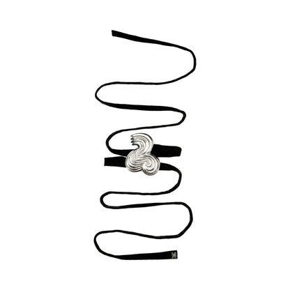 Silver bracelet with black silk ribbon