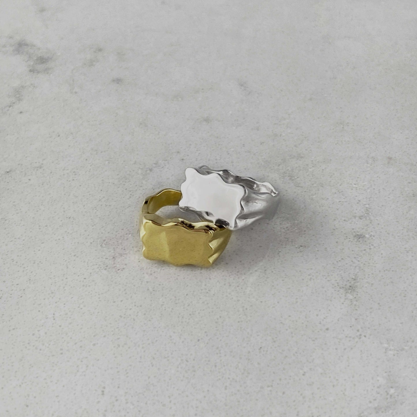 Product photo of two signet rings, one in silver and one in gold